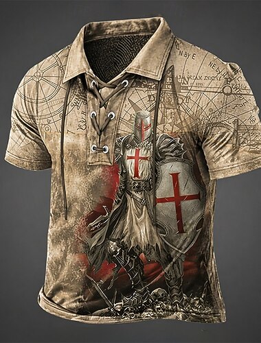  Herr Templarkorset Pikétröjor Kortärmad Polotröjor Snörning i halsen Vintage Ledigt Streetwear Dagliga kläder 3D-utskrift Nättyg som andas Vår & sommar Svart Brun Grå