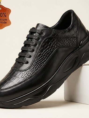  Schwarze Herren-Sneaker mit Krokodilprägung, Schnürverschluss und dicker Komfortsohle, elegante Freizeitschuhe für Herren, ideal für Alltag, Reisen, Pendeln und Wochenendausflüge.