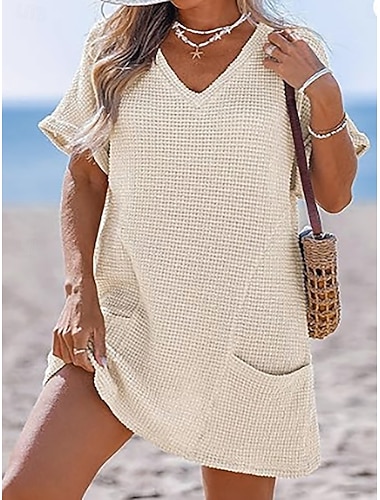  Damen Badeanzug Überwurf Badeanzugkleid Kleid Bademode Patchwork Tasche Urlaub Strandbekleidung Einfach V Ausschnitt Kurze Ärmel Badeanzüge