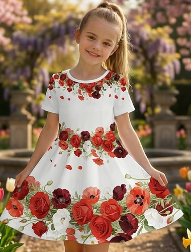  Mädchen' 3D Blumen Grafik Kleid Kurzarm 3D-Druck Sommer Frühling Täglich Urlaub Party Niedlich Basic Lässig Kinder 4-12 Jahre Freizeitkleid A Linie Kleid Knielang Normale Passform
