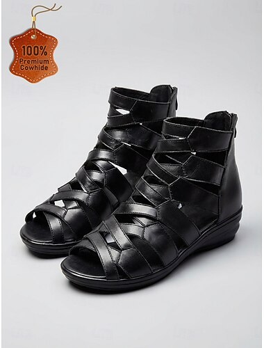  Sandales gladiateur noires à bout ouvert pour femmes – sandales en cuir de vachette véritable avec bride tressée et fermeture éclair à l'arrière, chaussures d'été décontractées pour les voyages et