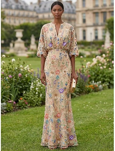  Pouzdrové Šaty Na zem Koktejlky Šaty pro svatební hosty Šaty pro matku nevěsty 3/4 délka rukávu Do V Elegantní Na běžné nošení Formální Svatební host Kentucky Derby Šifón Tyl s Výšivka Aplikace