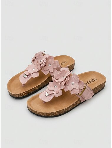  Sandalias de dedo rosas con estampado floral para mujer: sandalias planas con plantilla suave y adorno floral en 3D, zapatos ligeros de verano sin cordones para vacaciones en la playa y fiestas en el