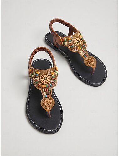  Bruine boho teensandalen voor dames - elegante platte gladiatorsandalen met kleurrijke tribale kralenversiering en elastische hielband, perfect voor strandvakanties, eilandvakanties in de zomer en casual resortkleding.