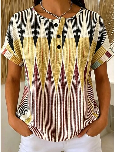  top da donna in maglia testurizzata waffle t-shirt sfumata grafica geometria elegante classico manica corta girocollo henley top lunghi sport quotidiano kaki arcobaleno azzurro estate primavera