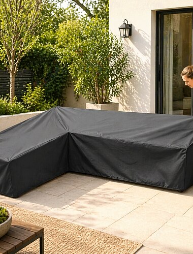  L-formade trädgårdsmöbelöverdrag, vattentätt dammtätt uteplatsöverdrag för matgrupp, sofföverdrag för uteplats, vinterskydd för gräsmatta (215x215x87cm, svart)