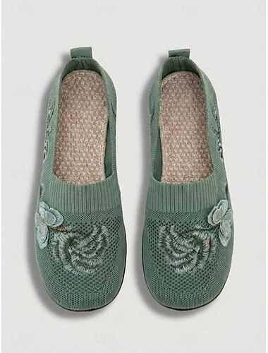  Dames groene gebreide ballerina's met borduursel en brede pasvorm – ademende instapschoenen, lichtgewicht casual wandelschoenen voor dagelijks gebruik. & reis