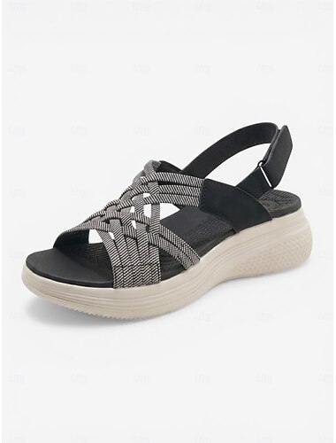  Zwarte sportieve sandalen voor dames met voetboogondersteuning – slingback sandalen met elastische geweven bandjes, lichtgewicht, ademende en gedempte schoenen voor comfort de hele dag door, ideaal om