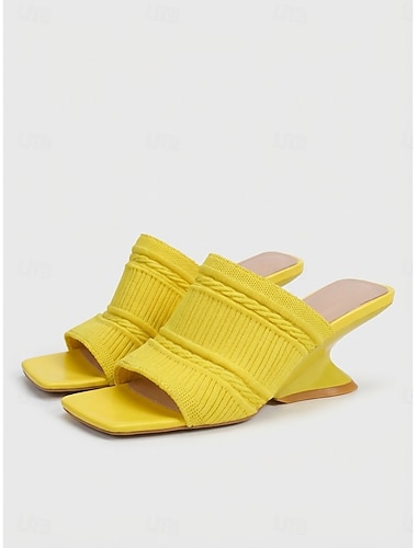  Sandales à enfiler en maille jaune vif pour femme - mules modernes à bout carré et talon sculptural unique, idéales pour les escapades de luxe à l'hôtel et les fêtes au bord de la piscine &de belles