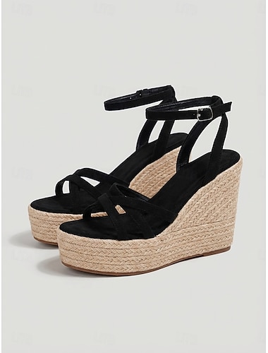  Dames espadrilles met sleehak en bandjes in zwart - comfortabele platform sandalen van jute voor strandvakanties en zomerse buitenfeestjes &boho cruise outfits