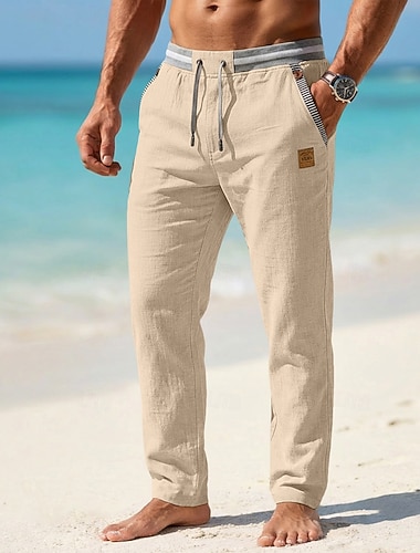  Pánské Plátěné kalhoty Letní kalhoty Šňůrky Elastický pas Straight-Leg Bez vzoru Pohodlné Prodyšné Plná délka Ležérní Denní Plážové prázdniny Módní Vodní modrá Černá Neelastické
