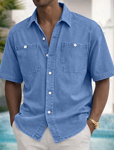  Herren Hemd Freizeithemd Verblasstes Hemd Stückgefärbt Hemd aus 100 % Baumwolle in Säurewaschung Hellgrün Purpur Kaki Armeegrün Grau Kurzarm Einfach Hemdkragen Lässig Täglich Fronttasche Bekleidung