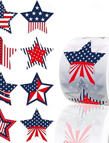  Rolo com 1000 adesivos de estrelas com a bandeira americana, adesivos patrióticos em formato de estrela de 3,8 cm (1,5") para decoração do Dia da Independência, 4 de julho, Dia da Memória, Dia dos
