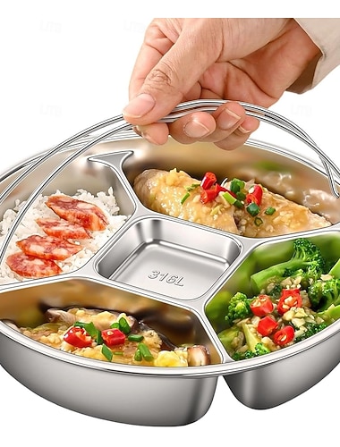  Plateau de service en acier inoxydable 316L avec 5 compartiments, organisateur alimentaire multi-compartiments pour collations, fruits, desserts et amuse-gueules, plat de service modulable pour les