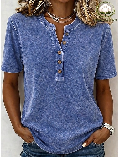  Femmes Chemise Henley Lavage à l'acide Lavage vintage ancien Mode Élégant Sans manches Manche Courte Henley Hauts Réguliers Occasionnel Plage Bleu Jaune Rose Claire Orange Gris Été Printemps