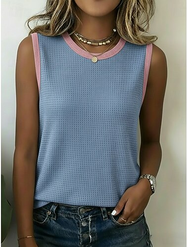  Damen Waffelhemd Patchwork Einfarbig Vintage Stilvoll Ärmellos Ärmellos Rundhalsausschnitt Normale Oberteile Lässig Blau Rosa Orange Sommer Frühling