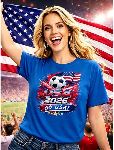  Damen-Fußball-T-Shirt mit Grafikprint, stylisch, klassisch, lässig, Kurzarm, Rundhalsausschnitt, normale Passform, Oberteil für Freizeit, Sport, blau, schwarz, weiß, rot, grün, Sommer, Frühling