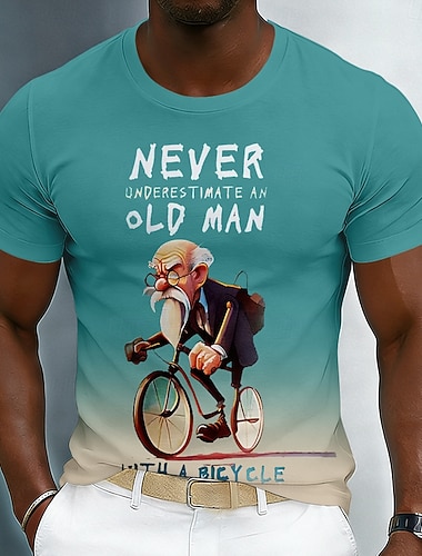  Nikdy nepodceňujte starého muže na kole, pánské vtipné cyklistické motorkářské 3D kreslené karikatury, grafické tričko s krátkým rukávem, kulatým výstřihem, tyrkysová, gradientní, ležérní tričko,