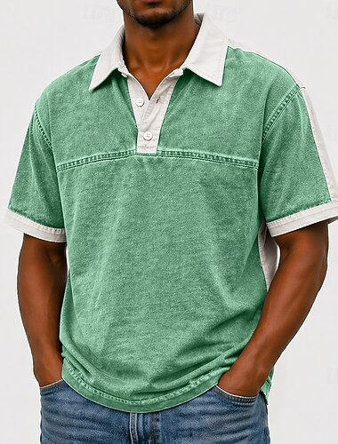  Homme Polo Chemise 100% coton délavée à l'acide Occasionnel Fête Revers Manche Courte Mode Basique Uni Bloc de Couleur Vintage Été Printemps Toutes saisons Coupe régulière Vert Claire bleu marine