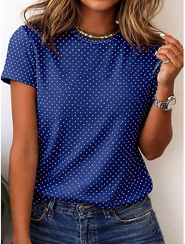  Dámské Tričko Puntíky Tisk Grafika Puntíky stylové Klasické Na běžné nošení Krátký rukáv Tričkový Běžné topy Ležérní Denní Bílá Rubínově červená Inkoustová modř černá+bílá Léto Jaro