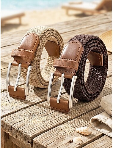  Gevlochten stretchriem voor heren met afwerking van imitatieleer, verstelbare geweven tailleband in diverse kleuren voor dagelijks gebruik, strandvakantie, reizen en resortstijl.