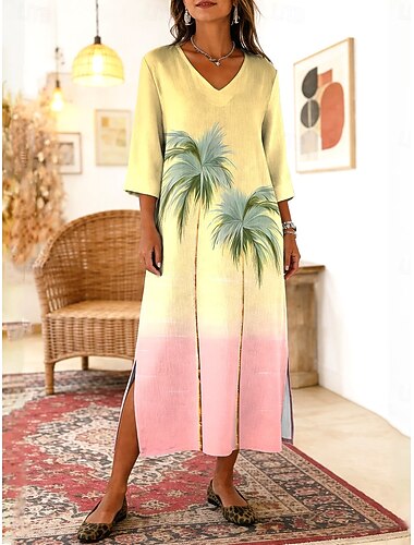  בגדי ריקוד נשים שמלת מקסי שמלת בוהו שמלת שיפט שמלת קיץ שמלת פשתן בוהמיה חופשה אתני חוף חגים פגישה (דייט) מונח בצורה רפויה גראפי מופשט טרופי שרוול 4\3 צווארון V פול צהוב בהיר ורוד מסמיק סגול קיץ אביב