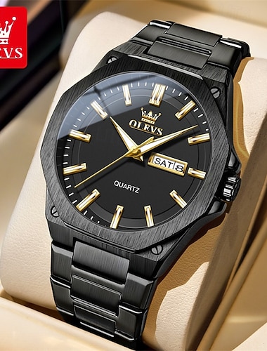  Pánské luxusní hodinky olevs, černé, nerezové, quartzové, vodotěsné, světelné, denní, rande, obchodní, módní, sportovní, s velkým ciferníkem, osmiúhelníkový design, dárek pro tátu a manžela