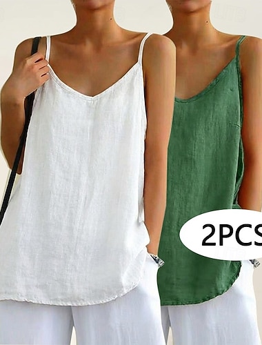  Lot de 2 chemises en coton et lin pour femme, sans manches, patchwork, boutons, unies, élégantes et basiques, col V, coupe classique, parfaites pour le quotidien, les vacances ou les sorties. Blanc +