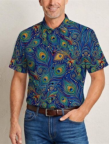  Retro / vintage Hippie 1970erne قميص Korte ermer Hippie Påfugl Kostyme Herre musikk festival Fest Dagligdagstøy Voksne Trøye Vår sommer