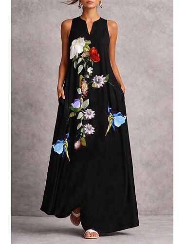  בגדי ריקוד נשים שמלה ארוכה שמלת מקסי שמלת קיץ שמלה עם כיווץ במותן חופשה יום יומי בוהו חגים רגיל פרחוני גראפי ללא שרוולים צווארון V שחור קיץ אביב