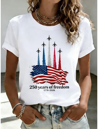  Amerykański Dzień Niepodległości Damskie Podkoszulek Nadruk Graficzny Flaga Litera Zabytkowe Moda Elegancki Krótki rękaw Półgolf Okrągły dekolt Zwykłe topy Codzienny Weekend Biały Biały 2 Biały 3
