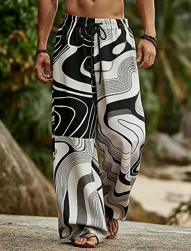  Homme Géométrique Vagues Art abstrait Pantalons Pantalon décontracté Pantalons Amples Taille Moyenne Boho Maison Extérieur Vacances Taille élastique avec cordon de serrage Pantalon en lin avec poches
