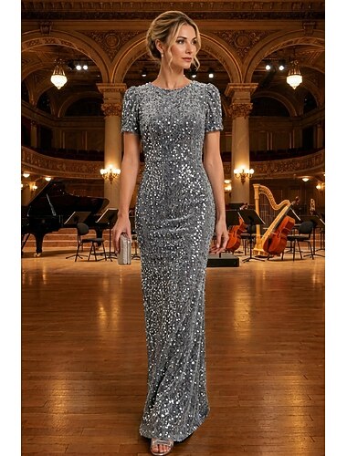  Schlauchkleid Bodenlang Kleid für Hochzeitsgäste Abendkleid Abendkleid Elegant Kurzarm Rundhalsausschnitt Formell Schwarze-Krawatte-Gala Paillettenbesetzt Samt mit Glitzer
