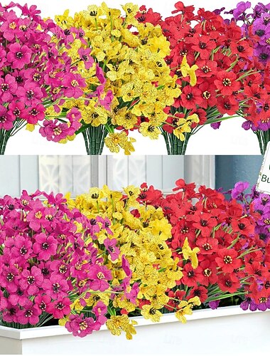  12 bunter kunstige blomster til utendørs bruk falske silkeblomster UV-bestandige kunstige plastplanter til innendørs utendørs vasekasse hage veranda vinduskasse hjem vår sommerdekor, flerfarget