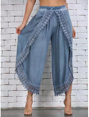  Dam Brett skaft Spetsbyxor Långbyxor Casual byxor Elegant Semester Mode Ankellång Hög midja Ensfärgat Brett skaft Elastiskt midjeband Komfort Mjuk Andningsfunktion Oelastisk Dagligen Arbete Fest