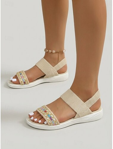  Beige sportssandaler til kvinder – elastiske komfortsandaler med boho-rem, lette, afslappede vandresko til rejser og strand &daglig brug