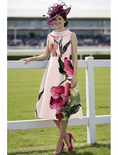  A-linje Te-lengde Derbykjole Kjole til brudens mor Ermeløs Halsbåt Elegant Årgang Kentucky Derby Sateng med Blomst Tryk