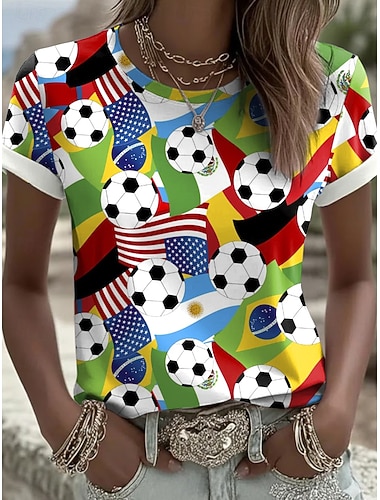  Fußball-WM 2026 Damen-T-Shirt mit Grafikprint, Fußballteam-Motiv, stylisch, klassisch, lässig, Kurzarm, Rundhalsausschnitt, normales Oberteil, lässig, Alltag, grün, Sommer, Frühling