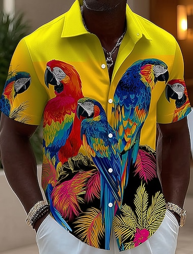  Homme Oiseau Perroquet Chemise hawaïenne Chemises tropicales Chemise Aloha Manche Courte Hawaïen Vacances Tenue de plage Été Printemps Col Rabattu Impression 3D Chemises boutonnées Bleu Jaune Rose