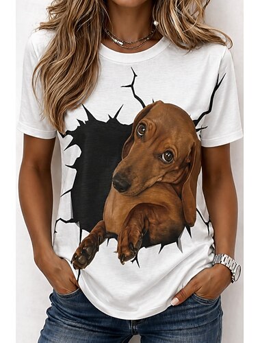  Dames T-shirt Afdrukken Grafisch dier Hond Vintage Stijlvol Klassiek Korte mouw Strakke ronde hals Ronde hals Lange tops Casual Dagelijks Weekend Wit Wit 2 Wit 3 Zomer Lente Herfst