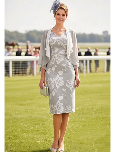  Kaksiosainen Tuubi Polven yli Häävieraspuku Morsiammen äidin asu 3/4 hiha V kaula-aukko Tyylikäs Vintage Muodollinen Häävieras Sifonki Pitsi Takki Mekot kanssa Pitsi Laskeutuvat röyhelöt