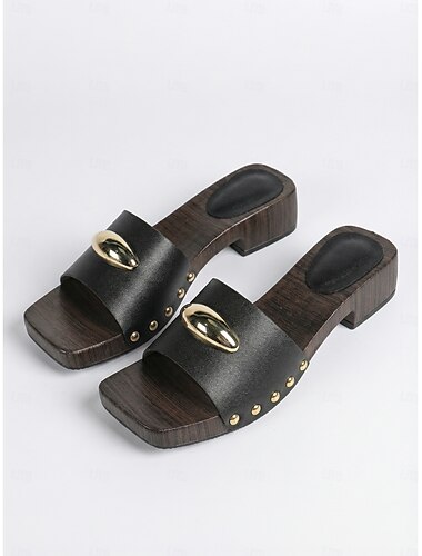  Damesslippers in zwart met gouden metalen details - platform sandalen met houtnerf voor luxe ontspanning aan het zwembad, in hotelresorts &zomervakantie