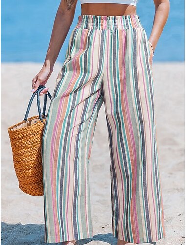  Dames Broek met linnenlook Breed Been Chinese Zomerbroek Vakantie Modieus Streetwear Volledige lengte Hoge taille Lijnen / golven Zak Elastische tailleband Opdrukken Comfortabel Comfort Zacht Rekbaar