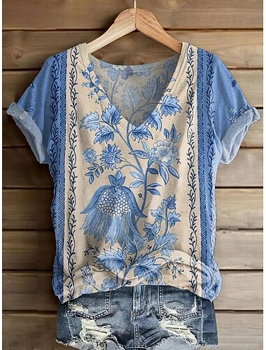  نسائي تي شيرت طباعة ورد الرسم النباتات عتيق أنيق كاجوال كم قصير V رقبة قمصان عادية مناسب للبس اليومي عطلة نهاية الاسبوع أزرق أصفر وردي بلاشيهغ نبيذ أحمر الصيف الربيع