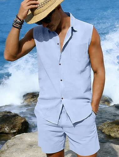  Hombre Camisa de lino 2 Piezas Conjunto de camisa Y Pantalón corto Pantalones cortos de lino Pantalones cortos de playa Establecer Plano Diario Exterior Playa Cuello Vuelto Sin Mangas Verano Moda
