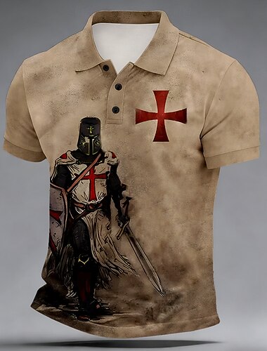  Herre Kors Poloskjorter Kortermet Poloskjorter Skjorter med krage Fritid utendørs Dagligdagstøy 3D-utskrift Knapper Sommer Vår Blå Brun Grønn