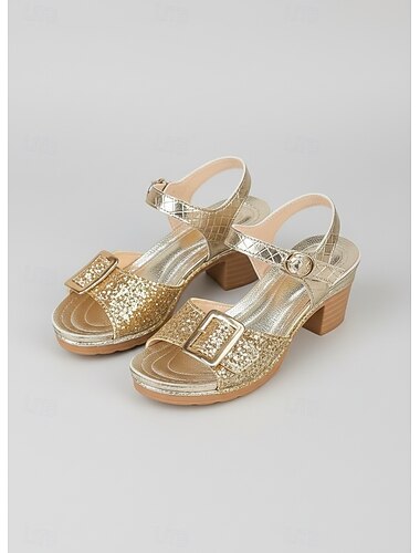  Sandales à talons carrés pailletés dorés pour femmes – chaussures de soirée scintillantes à talons moyens pour les fêtes d'été, les garden-parties et les tenues de soirée