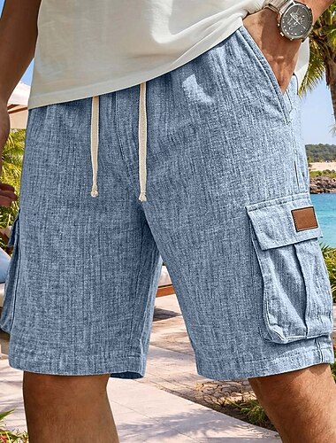  男性用 カーゴショーツ リネンショーツ サマーショーツ ビーチショーツ ドローストリング 弾性ウエスト マルチポケット 平織り 履き心地よい 高通気性 膝丈 日常 アウトドア 祝日 旅行度假风 ファッション ブルー ブラック 伸縮性なし