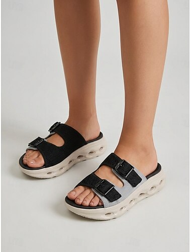  סנדלי החלקה שחורים לנשים עם אבזם כפול - סנדלי ספורט סריג נושמים עם תמיכה לקשת, סנדלי החלקה נוחים לקיץ ולנסיעות &ללבוש יומיומי