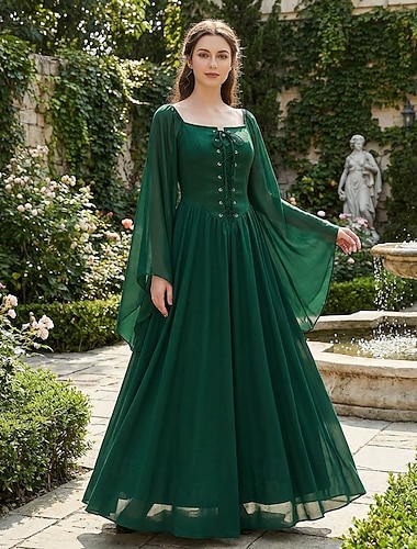  Kostymer i middelalderstil Renessanse fancy Ankellengde Kjoler Lange Ermer Fe Korsett Helfarge Kostyme Dame fantasi Halloween Karneval Maskerade Renessansemesse Retro-temafest Voksne Kjole Vår sommer